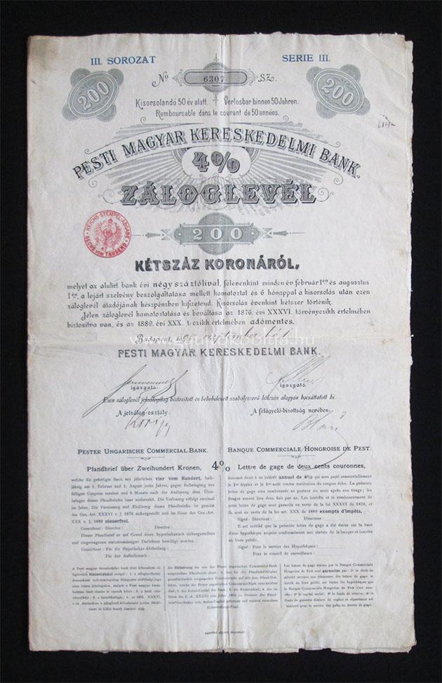 Pesti Magyar Kereskedelmi Bank záloglevél 200 korona 1895